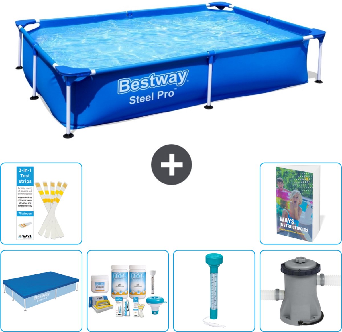Bestway Rechthoekig Steel Pro Zwembad - 221 x 150 x 43 cm - Blauw - Inclusief Afdekzeil - Onderhoudspakket - Thermometer - Zwembadfilterpomp - 7-delig