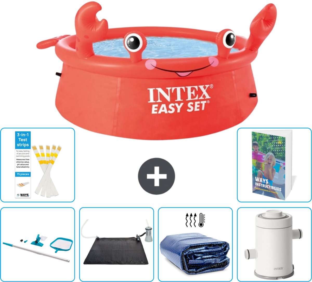 Intex Rond Opblaasbaar Easy Set Zwembad - 183 x 51 cm - Rood - Krab - Inclusief Schoonmaakset - Solar Mat - Solarzeil - Zwembadfilterpomp - 7-delig