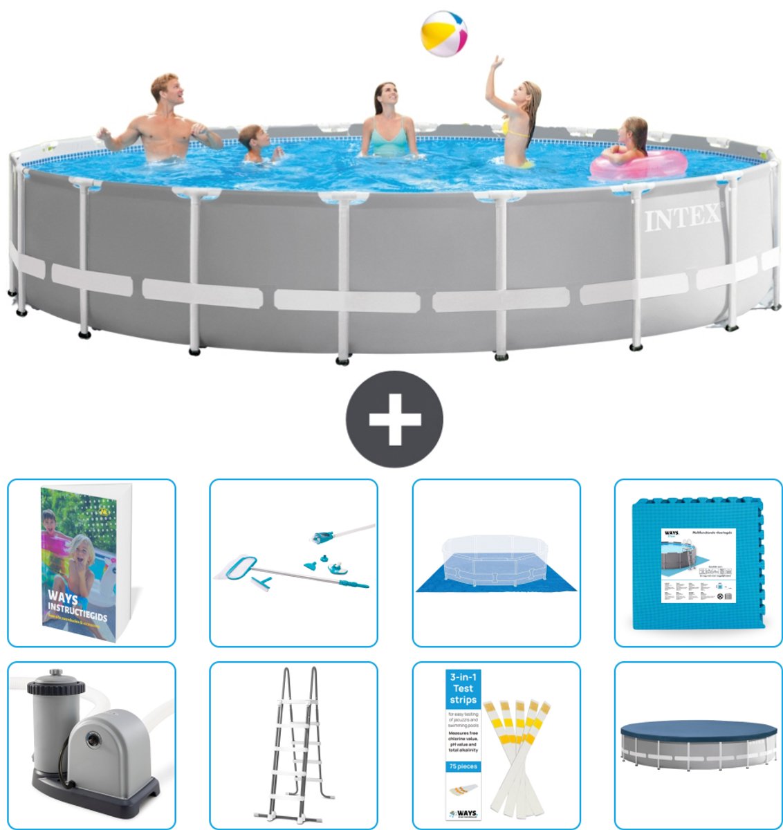 Intex Rond Prism Frame Zwembad - 610 x 132 cm - Grijs - Inclusief Pomp - Ladder - Grondzeil - Afdekzeil - Schoonmaakset - Vloertegels - 9-delig