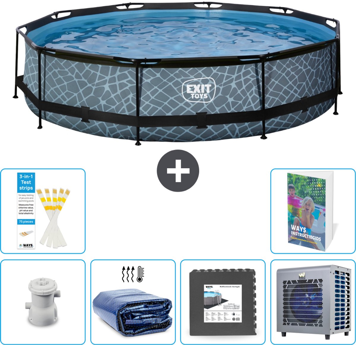 EXIT Rond Stone Frame Zwembad - 360 x 76 cm - Inclusief Pomp - Solarzeil - Vloertegels - Warmtepomp - 7-delig