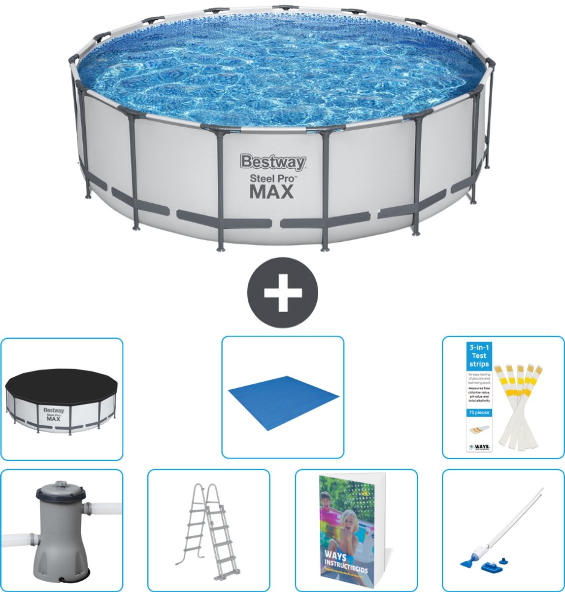 Bestway Rond Steel Pro MAX Zwembad - 457 x 122 cm - Grijs - Inclusief Pomp - Ladder - Afdekzeil - Grondzeil - Stofzuiger - 8-delig