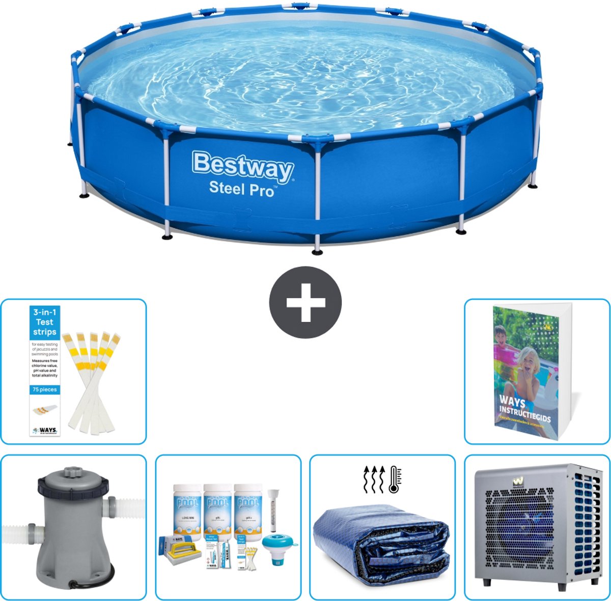 Bestway Rond Steel Pro Zwembad - 366 x 76 cm - Blauw - Inclusief Pomp - Onderhoudspakket - Solarzeil - Warmtepomp - 7-delig