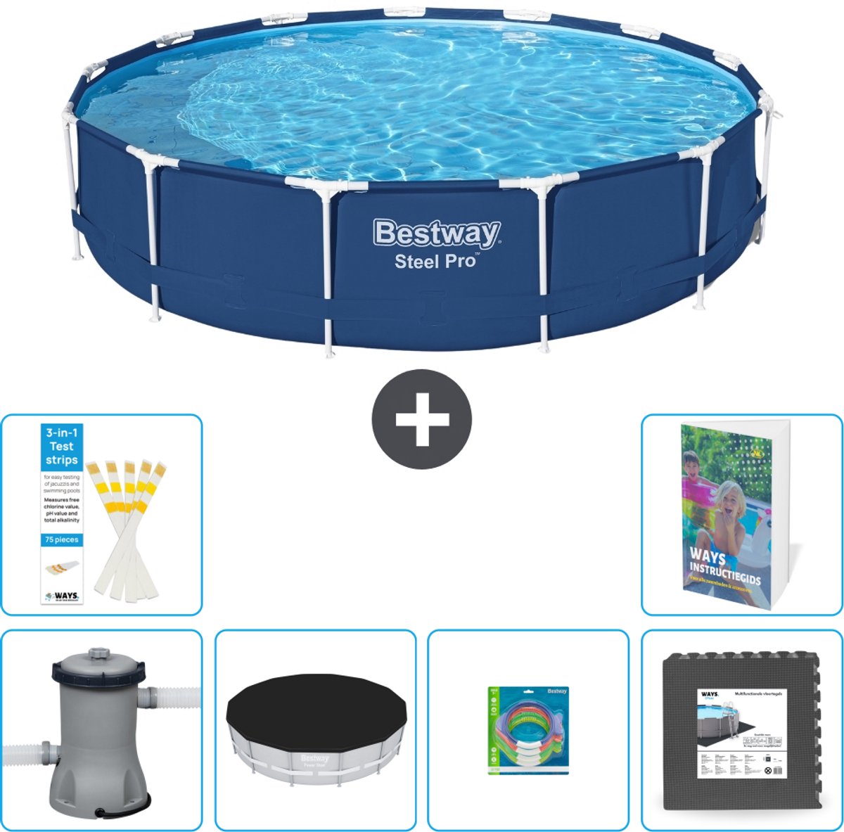 Bestway Rond Steel Pro Zwembad - 396 x 84 cm - Blauw - Inclusief Pomp - Afdekzeil - Speelgoed - Vloertegels - 7-delig