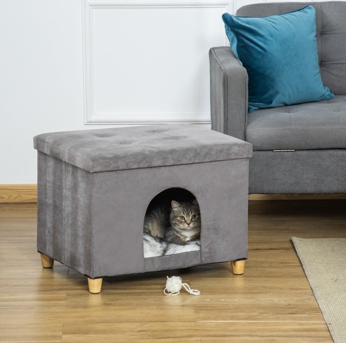 REDOM - Kattenhuis voetenbank - Met kussen - 2-in-1 ottomaan - Zachte pluche bekleding - Houten poten - Grijs - 60 x 45 x 44,5 cm