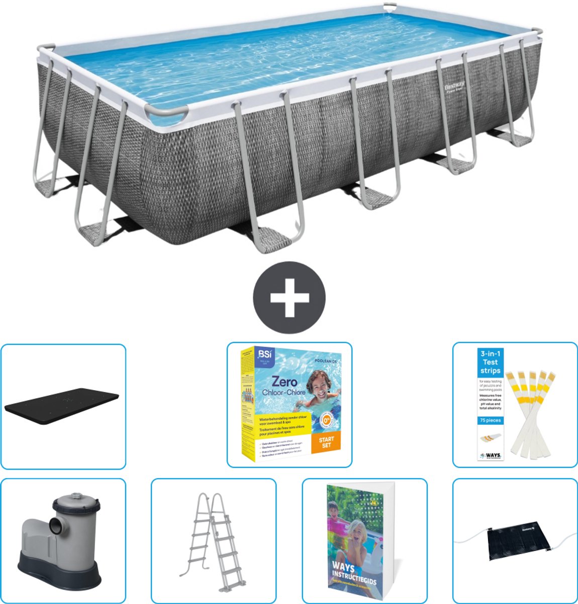 Bestway Rechthoekig Power Steel Zwembad - Rattanprint - 549 x 274 x 122 - Inclusief Pomp - Ladder - Afdekzeil - Onderhoudspakket - Solar Mat - 8-delig
