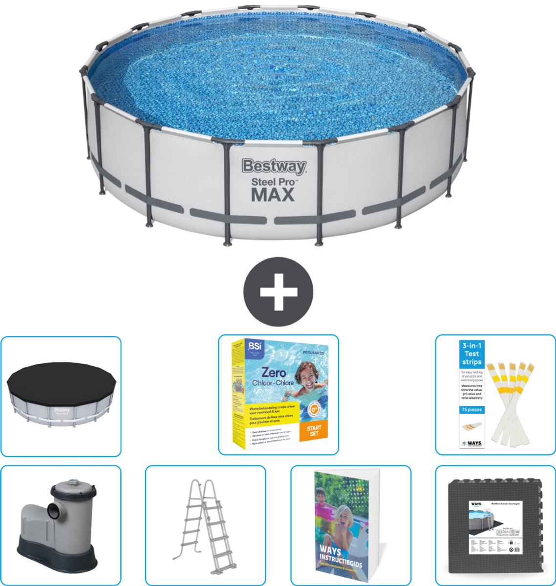 Bestway Rond Steel Pro MAX Zwembad - 488 x 122 cm - Grijs - Inclusief Pomp - Ladder - Afdekzeil - Onderhoudspakket - Vloertegels - 8-delig