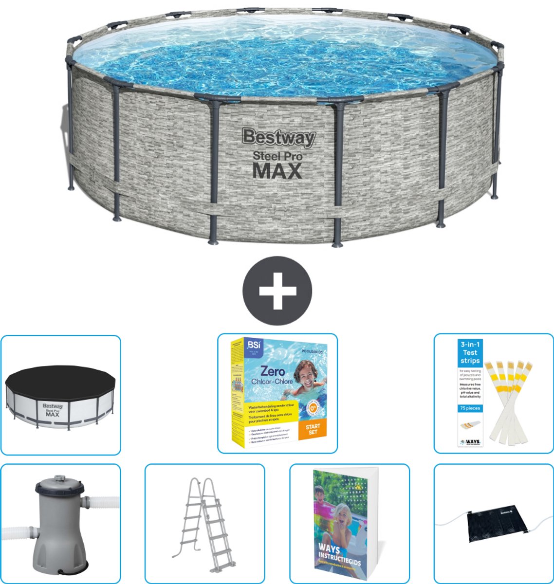 Bestway Rond Steel Pro MAX Zwembad - Steenprint - 427 x 122 cm - Inclusief Pomp - Ladder - Afdekzeil - Onderhoudspakket - Solar Mat - 8-delig