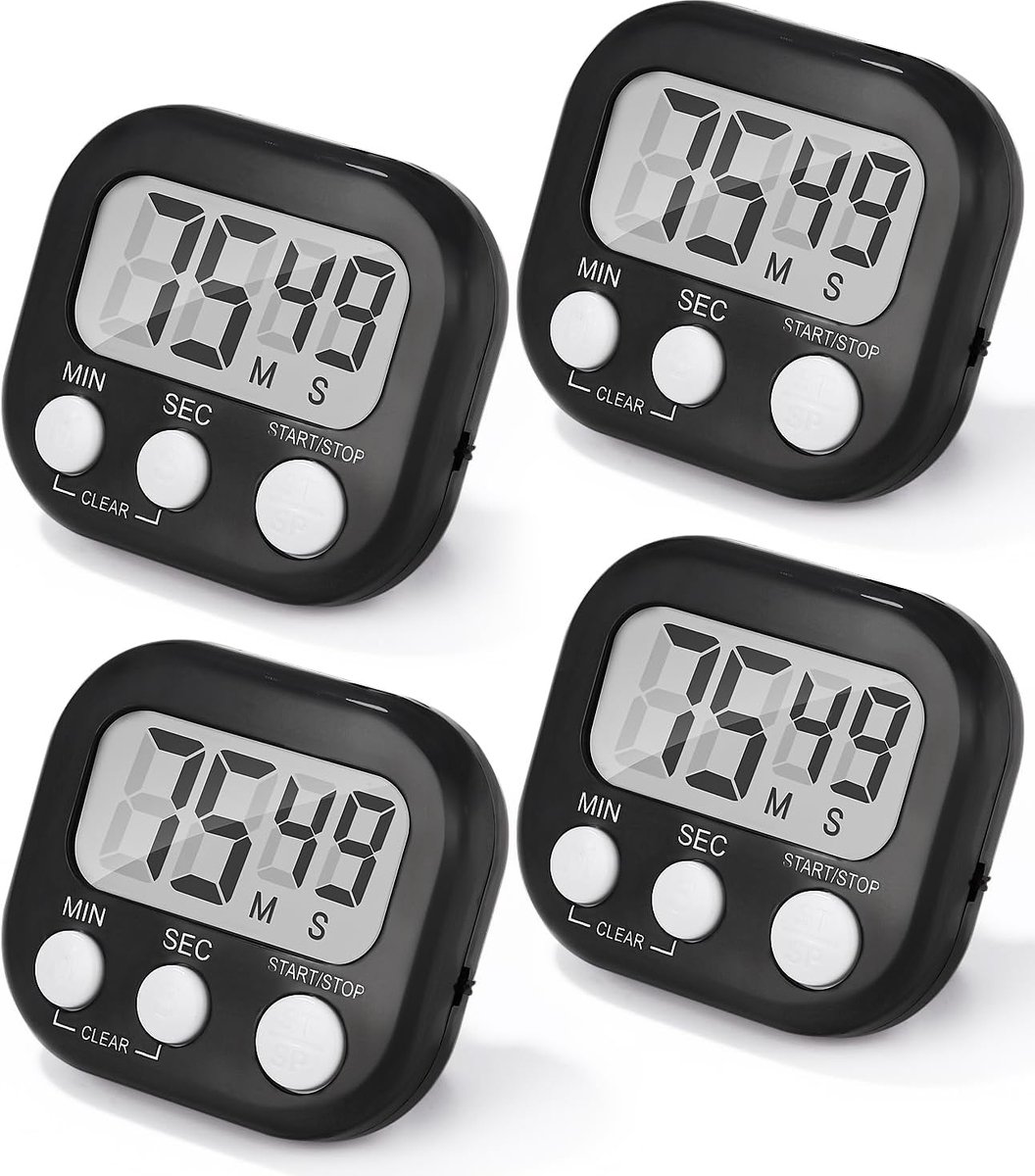 SnelShoppen - Magnetische Stopwatch Zwart, 4 Stuks Digitale Timer met LCD Alarm voor Koken, Douche, Badkamer, Sport en Klaskamer
