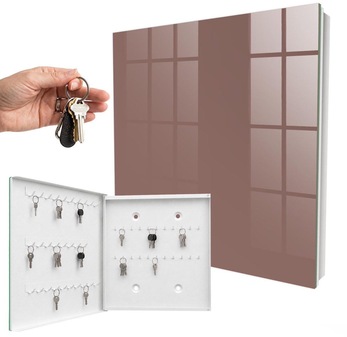 WallMuralia - Sleutelkast - 30x30x5 cm - met 50 haken - Lichtbruin Design Sleutelkastje - Bruin Sleutelbox - Linksopenend - Wit interieur