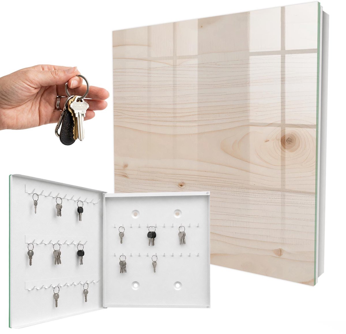 WallMuralia - Sleutelkast - 30x30x5 cm - met 50 haken - Houtstructuur Groot Sleutelkastje - Beige Sleutelbox - Linksopenend - Wit interieur