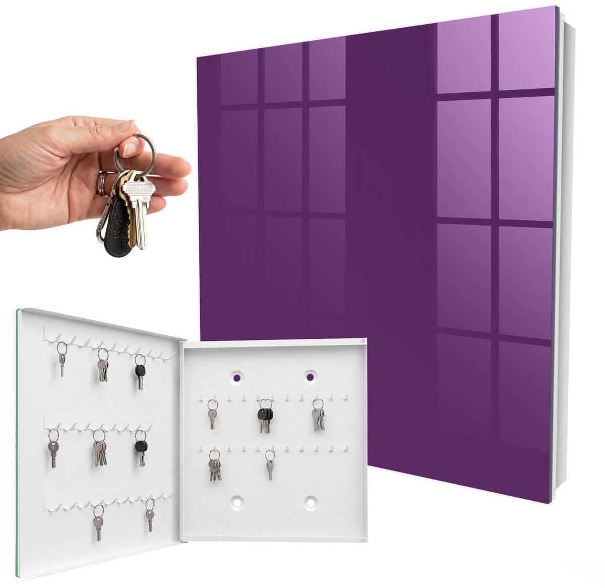 WallMuralia - Sleutelkast - 30x30x5 cm - met 50 haken - Sterk Paars Sleutelkastje Gang - Paars Sleutelbox - Linksopenend - Wit interieur