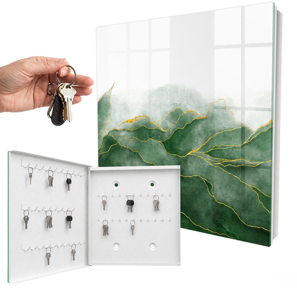 WallMuralia - Sleutelkast - 30x30x5 cm - met 50 haken - Groene Heuvels Sleutelkastje Huis - Groente Sleutelbox - Linksopenend - Wit interieur