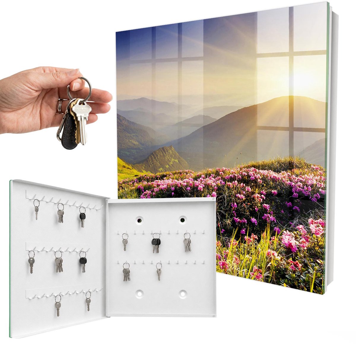 WallMuralia - Sleutelkast - 30x30x5 cm - met 50 haken - Bergachtig Oosten Sleutelkastje Hal - Groente Sleutelbox - Linksopenend - Wit interieur