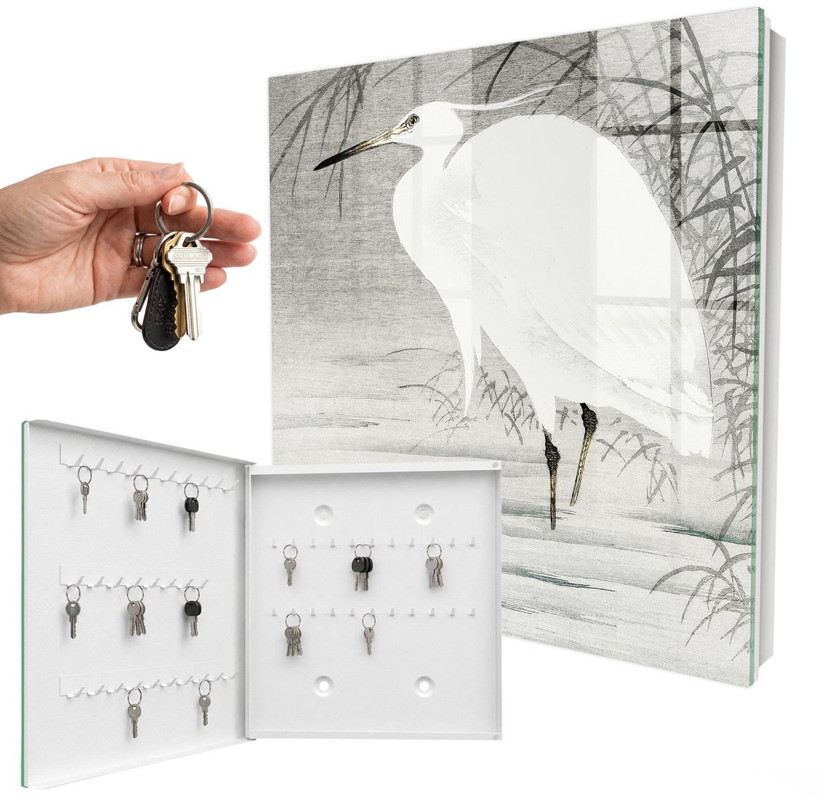 WallMuralia - Sleutelkast - 30x30x5 cm - met 50 haken - Reiger Sleutelkastje - Wit Sleutelbox - Linksopenend - Wit interieur