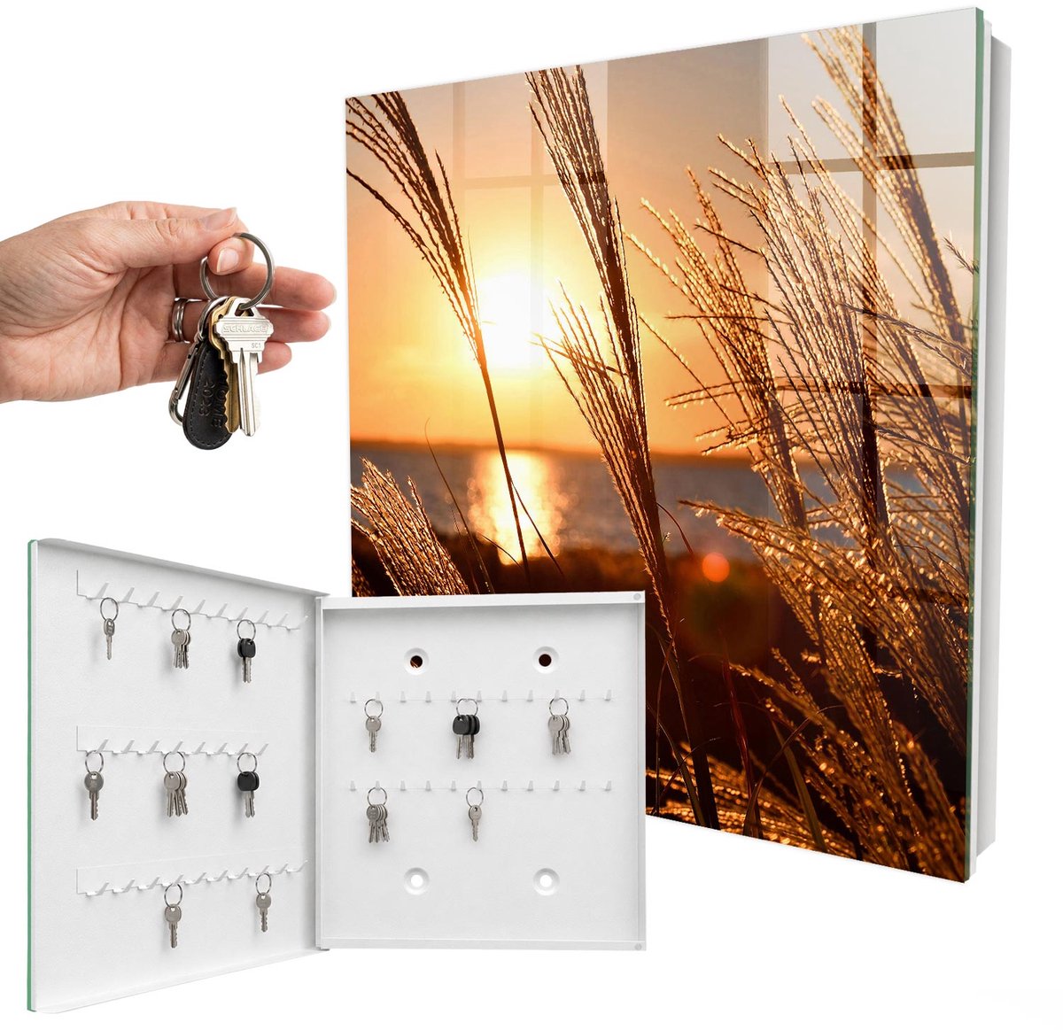 WallMuralia - Sleutelkast - 30x30x5 cm - met 50 haken - Zonsondergang Sleutelkastje Voor Binnen - Oranje Sleutelbox - Linksopenend - Wit interieur