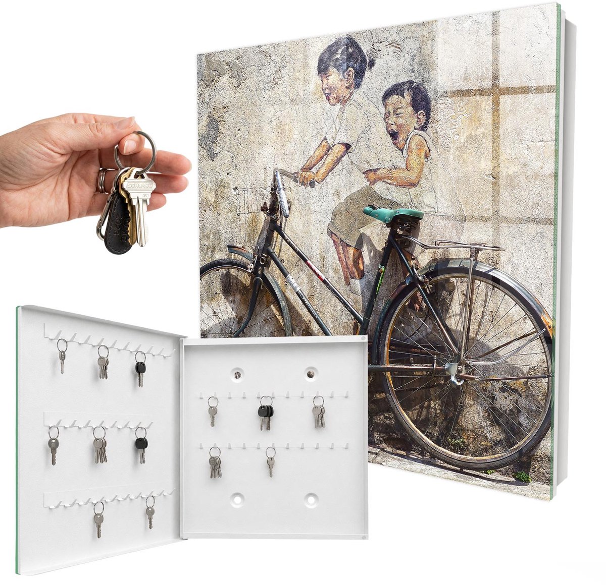WallMuralia - Sleutelkast - 30x30x5 cm - met 50 haken - Kinderen En Fiets Sleutelkastje Voor Binnen - Beige Sleutelbox - Linksopenend - Wit interieur
