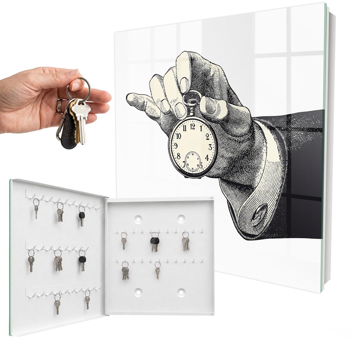 WallMuralia - Sleutelkast - 30x30x5 cm - met 50 haken - Zakklok Sleutelkastje Industrieel - Wit Sleutelbox - Linksopenend - Wit interieur