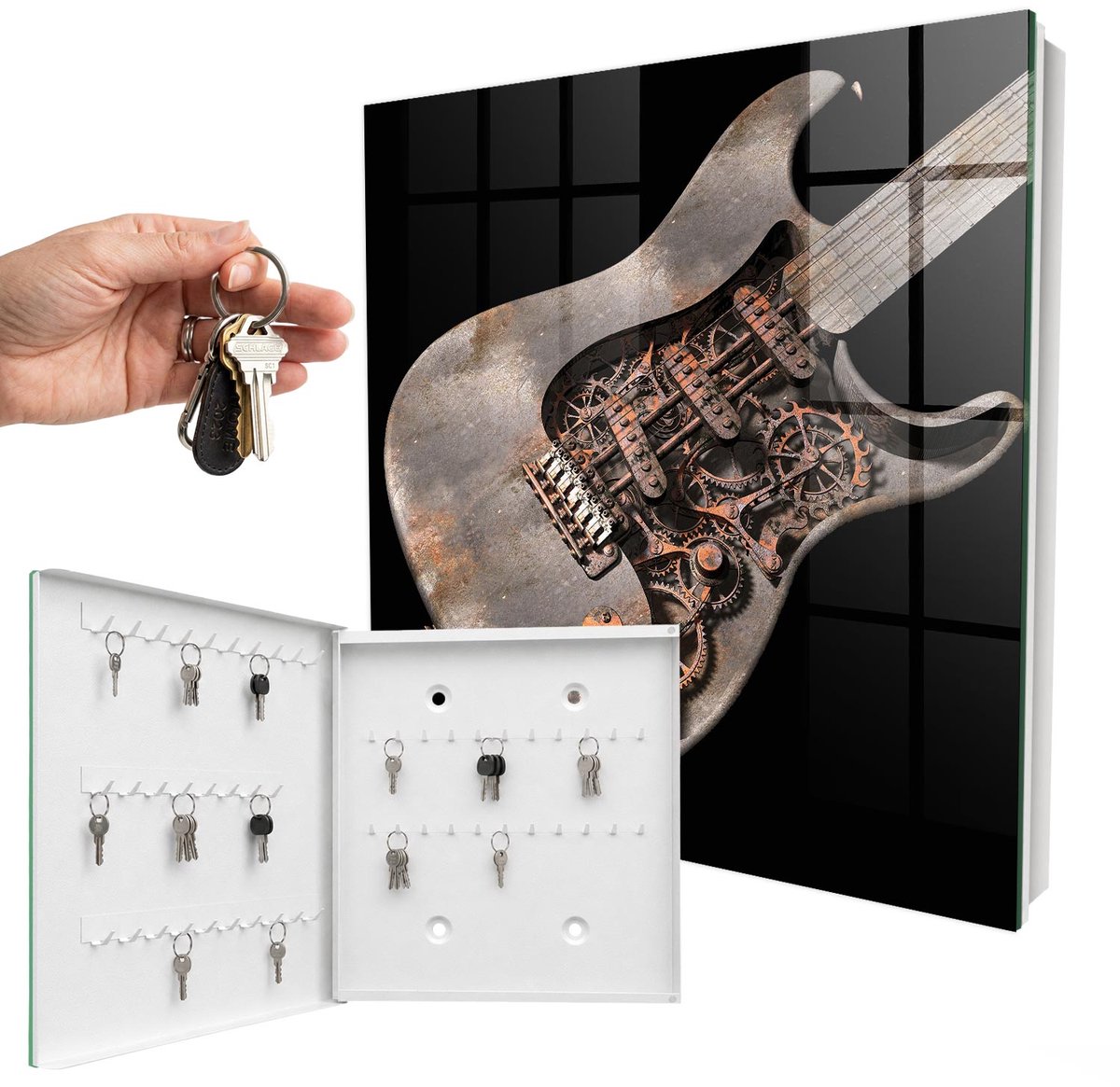 WallMuralia - Sleutelkast - 30x30x5 cm - met 50 haken - Mechanische Gitaar Sleutelkastje Voor Binnen - Grijs Sleutelbox - Linksopenend - Wit interieur