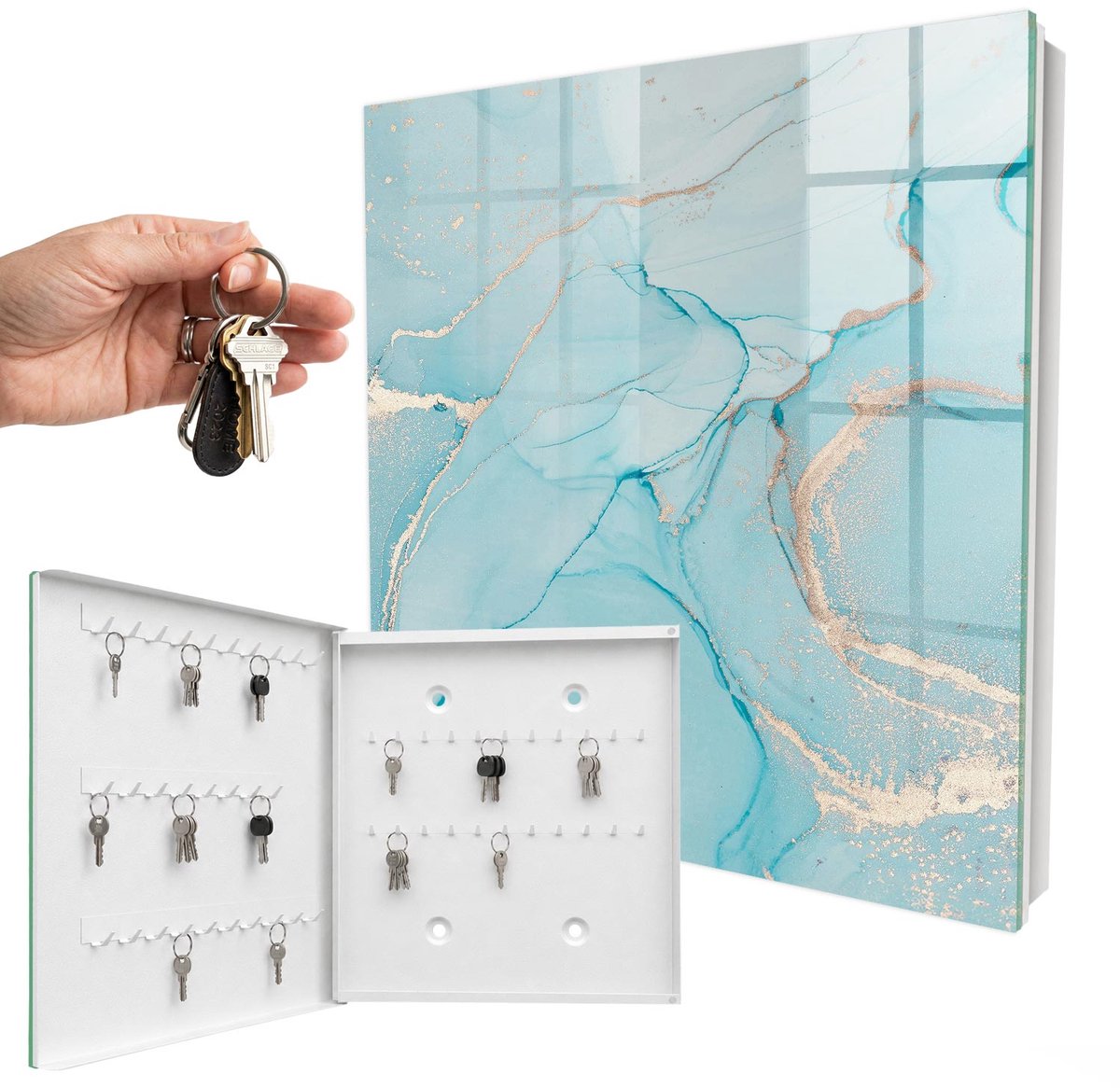 WallMuralia - Sleutelkast - 30x30x5 cm - met 50 haken - Blauwe Dromen Sleutelkastje Hal - Blauw Sleutelbox - Linksopenend - Wit interieur