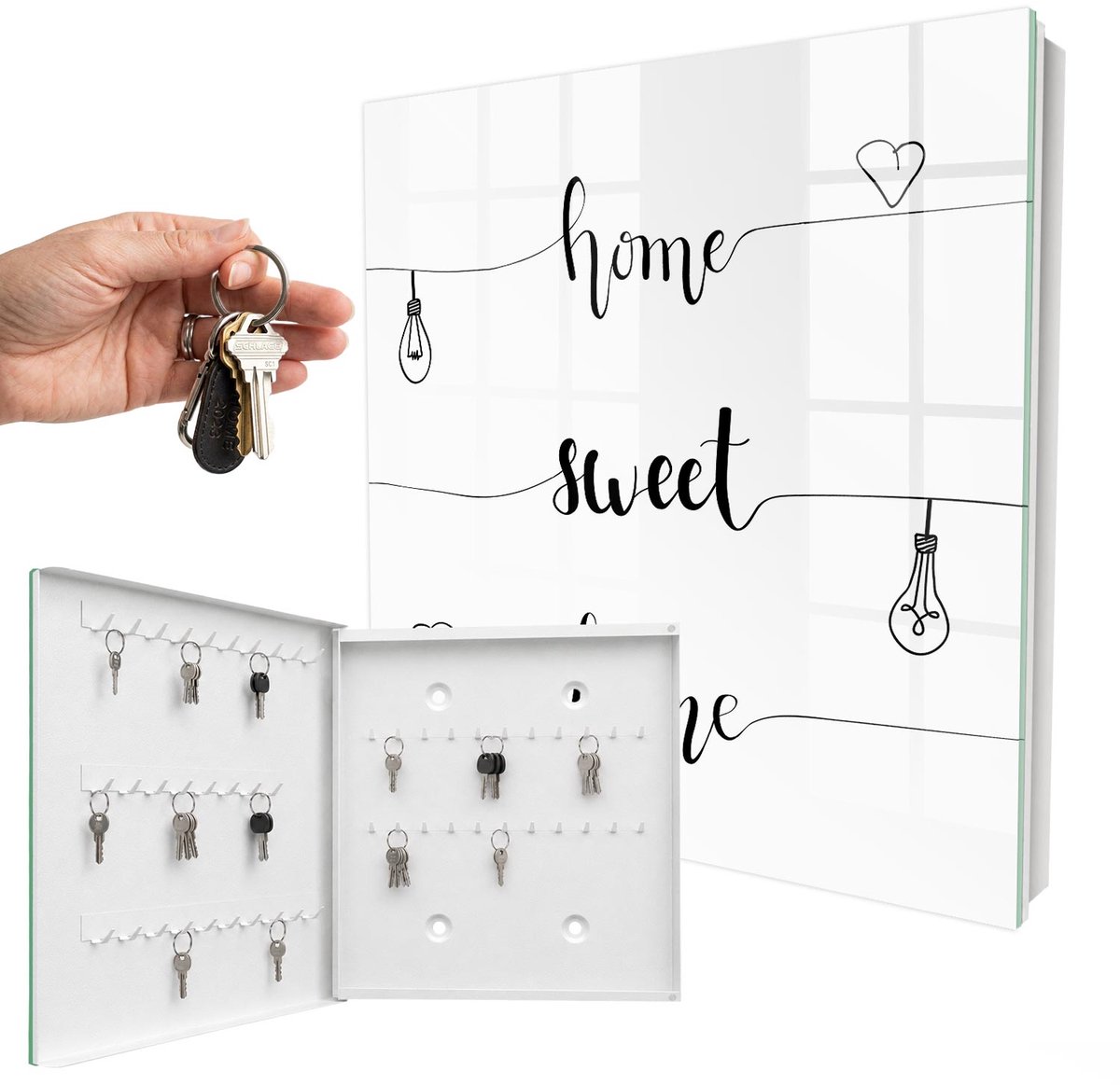 WallMuralia - Sleutelkast - 30x30x5 cm - met 50 haken - Zoet Thuis Sleutelkastje Huis - Zwart-Wit Sleutelbox - Linksopenend - Wit interieur