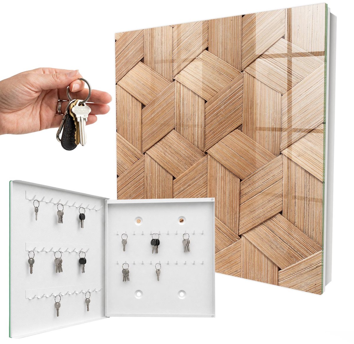 WallMuralia - Sleutelkast - 30x30x5 cm - met 50 haken - De Geometrie Van De Natuur Groot Sleutelkastje - Bruin Sleutelbox - Linksopenend - Wit interieur