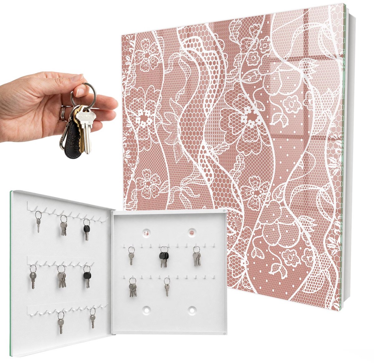 WallMuralia - Sleutelkast - 30x30x5 cm - met 50 haken - Elegant Kant Sleutelkastje Huis - Bruin Sleutelbox - Linksopenend - Wit interieur