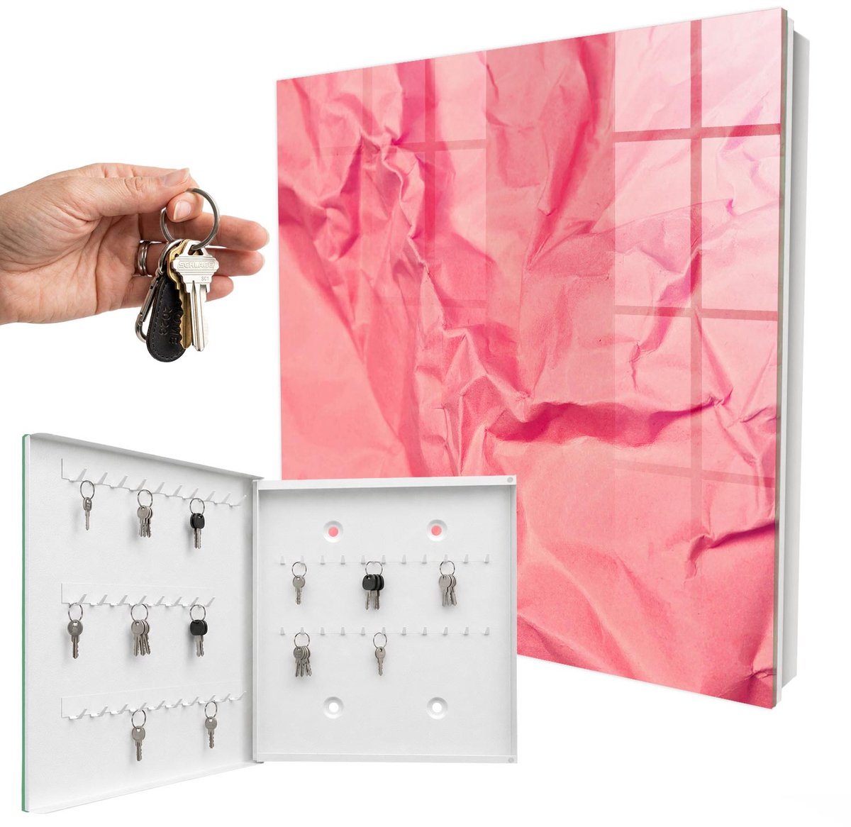WallMuralia - Sleutelkast - 30x30x5 cm - met 50 haken - Roze Textuur Sleutelkastje Klein - Roze Sleutelbox - Linksopenend - Wit interieur
