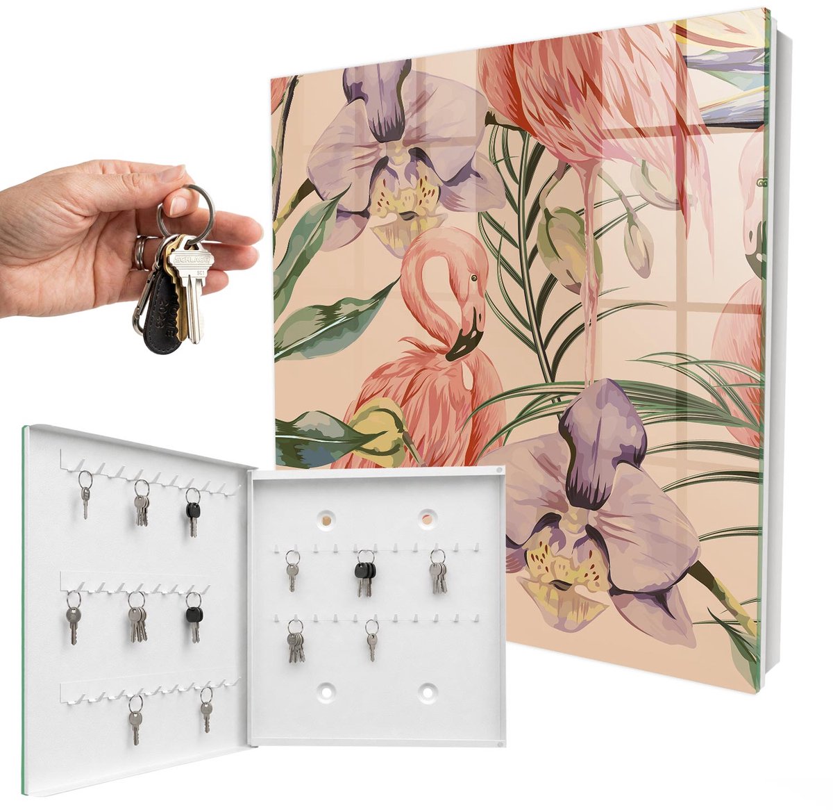 WallMuralia - Sleutelkast - 30x30x5 cm - met 50 haken - Exotische Elegantie Sleutelkastje Industrieel - Roze Sleutelbox - Linksopenend - Wit interieur