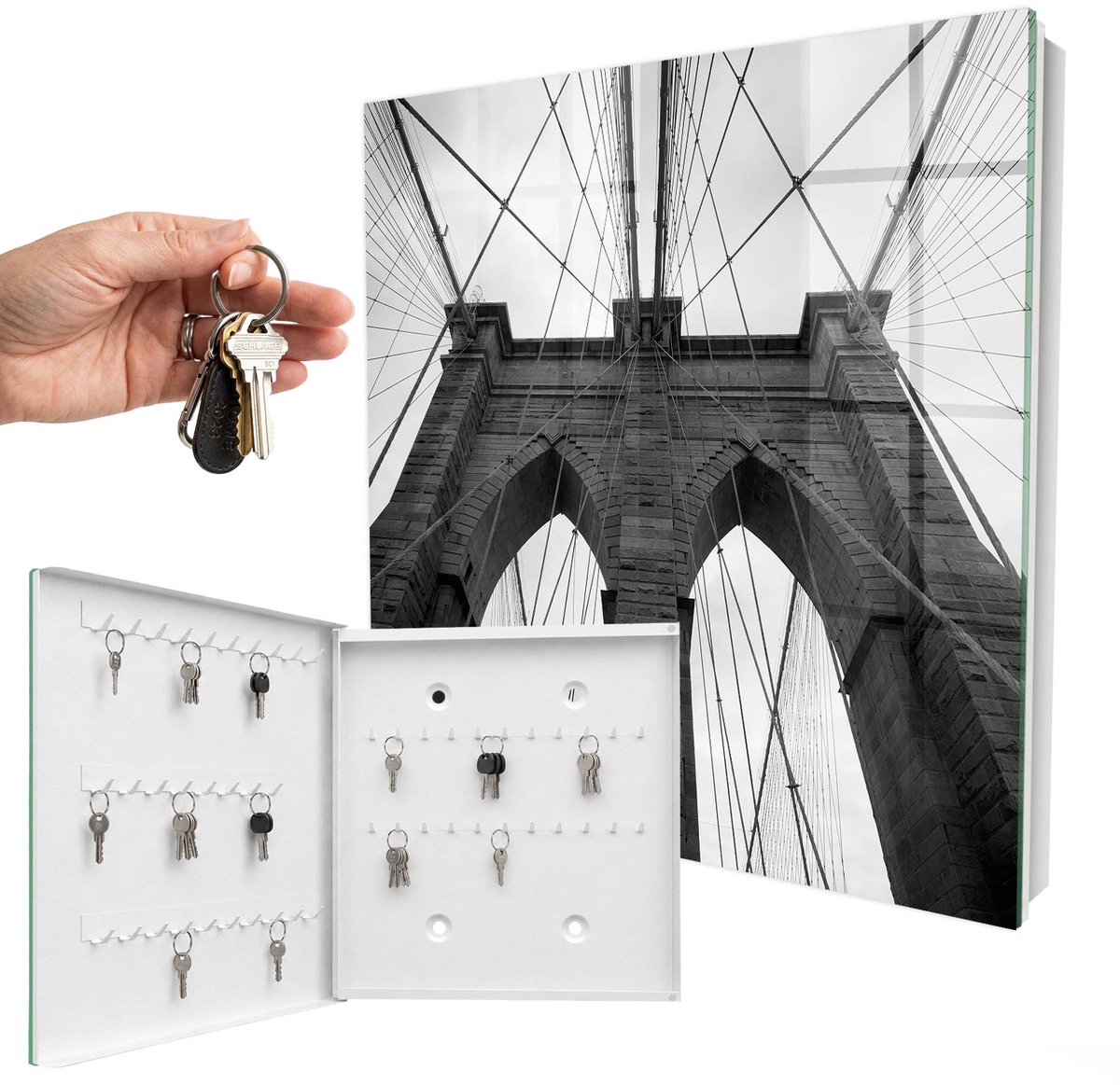 WallMuralia - Sleutelkast - 30x30x5 cm - met 50 haken - Architectuurbrug Sleutelkastje Hal - Zwart-Wit Sleutelbox - Linksopenend - Wit interieur