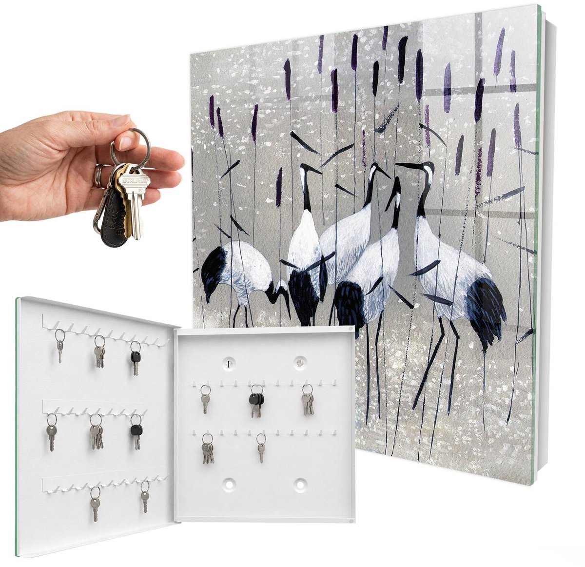 WallMuralia - Sleutelkast - 30x30x5 cm - met 50 haken - Kraanvogels En Riet Sleutelkastje Design - Grijs Sleutelbox - Linksopenend - Wit interieur