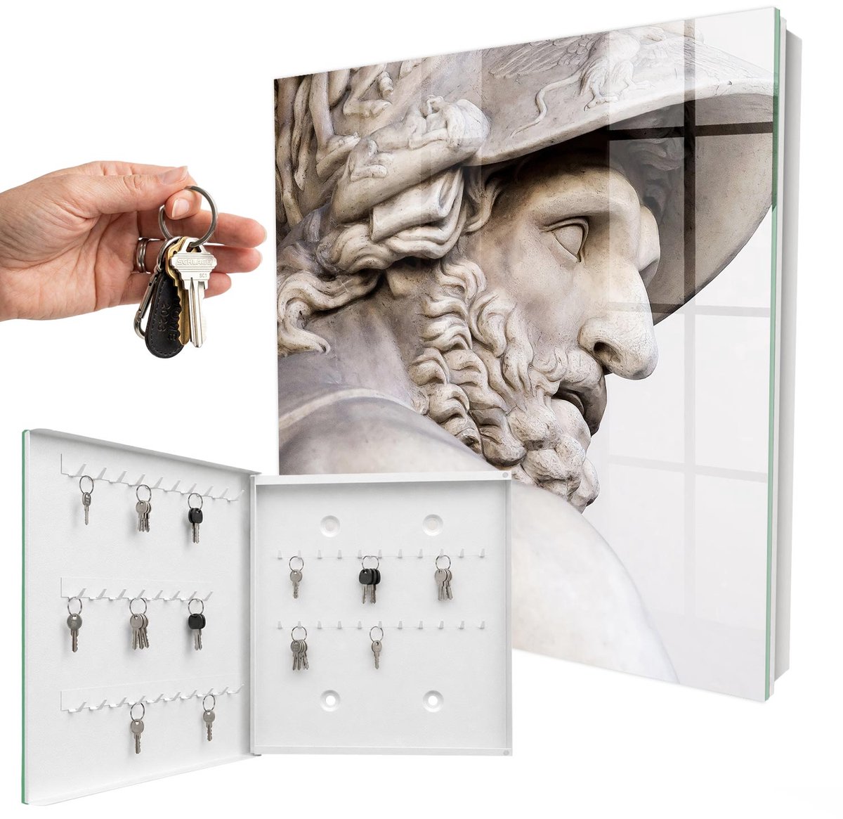 WallMuralia - Sleutelkast - 30x30x5 cm - met 50 haken - Antieke Elegantie Groot Sleutelkastje - Beige Sleutelbox - Linksopenend - Wit interieur