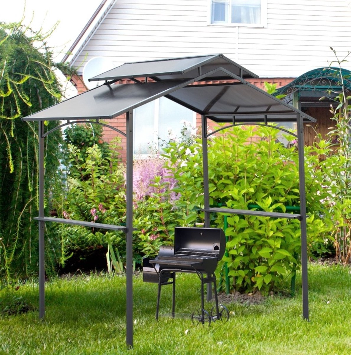 Grillpaviljoen Barbecue Overkapping 240 x 150 x 250 cm Staal Polycarbonaat Zwart Bruin Voor Tuin En Grill