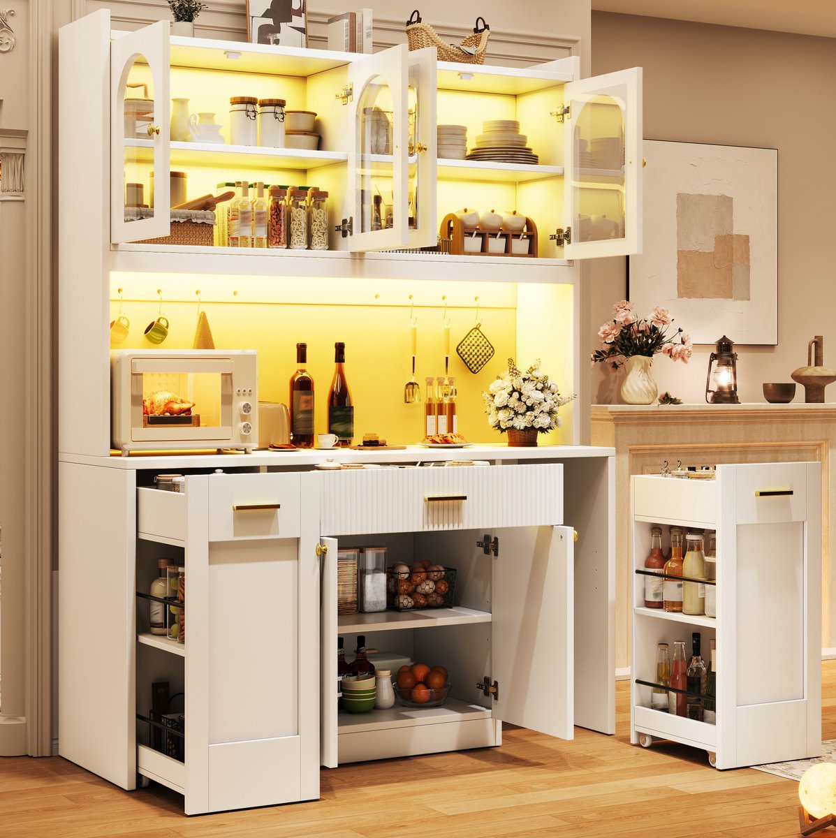 MIVRAY Keukenkast Hoogkast Met RGB Ledverlichting App Besturing 3 Glasvitrines En Rolplanken Wit 120x40x187 Cm