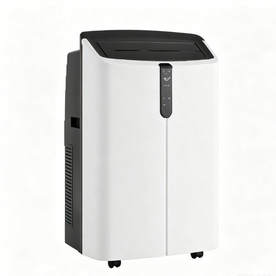 Witte mobiele airco met zwarte accenten en wieltjes, weergave van 26 graden Celsius