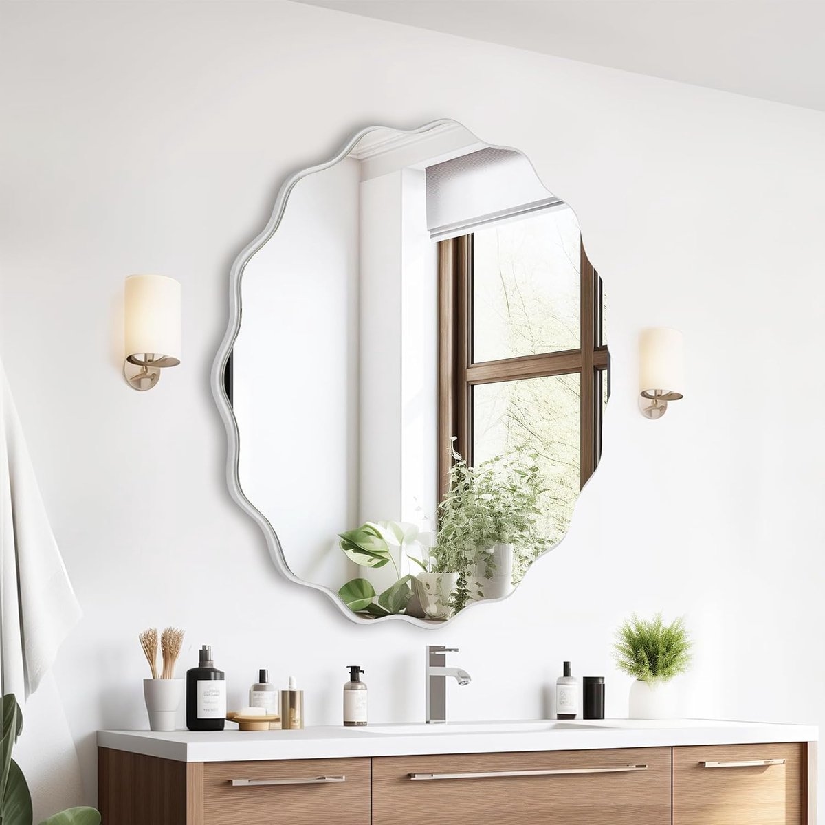 SnelShoppen - Irregular Wave Spiegel 50 cm - Decoratieve Wandspiegel voor Moderne Industriële Badkamer, Woonkamer, Slaapkamer - Wit, Hangend Design