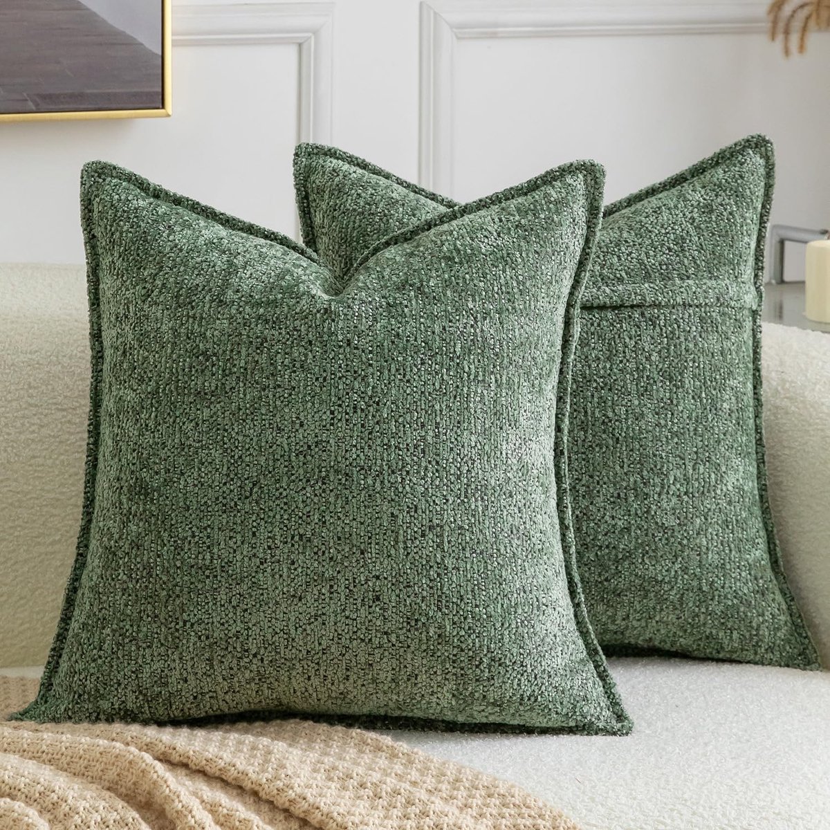 SnelShoppen - Set van 2 decoratieve kussenhoezen Boho zachte getextureerde chenille sierkussens voor bank, slaapkamer, woonkamer 46 x 40 cm groen