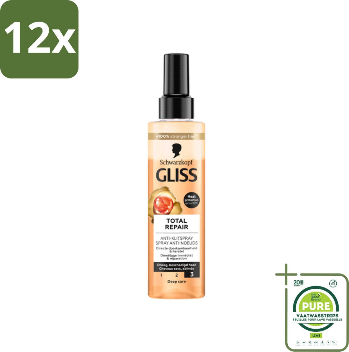 Gliss - Total Repair Anti-Klit Spray - Voor Beschadigd en Droog Haar - 200 ml - Voordeelverpakking - 12 stuks - Haarspray - Anti-klit spray
