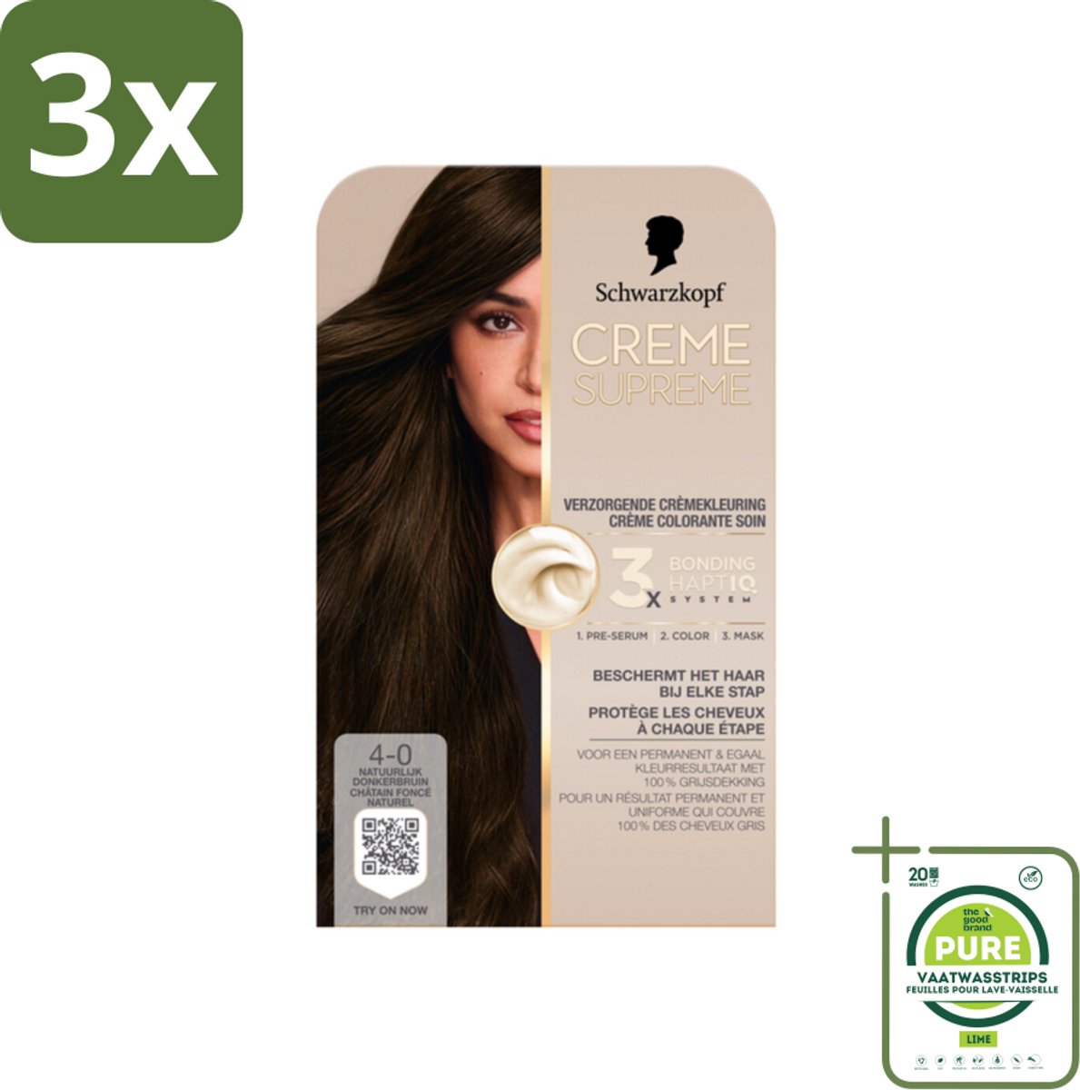 3 x Schwarzkopf - Haarkleuring - Creme Supreme 4-0 - Natuurlijk Donkerbruin - 245g - Grootverpakking - Permanente Haarkleur - Donkerbruin Haar - Grijsdekking - Haarkleur - Haarkleuring