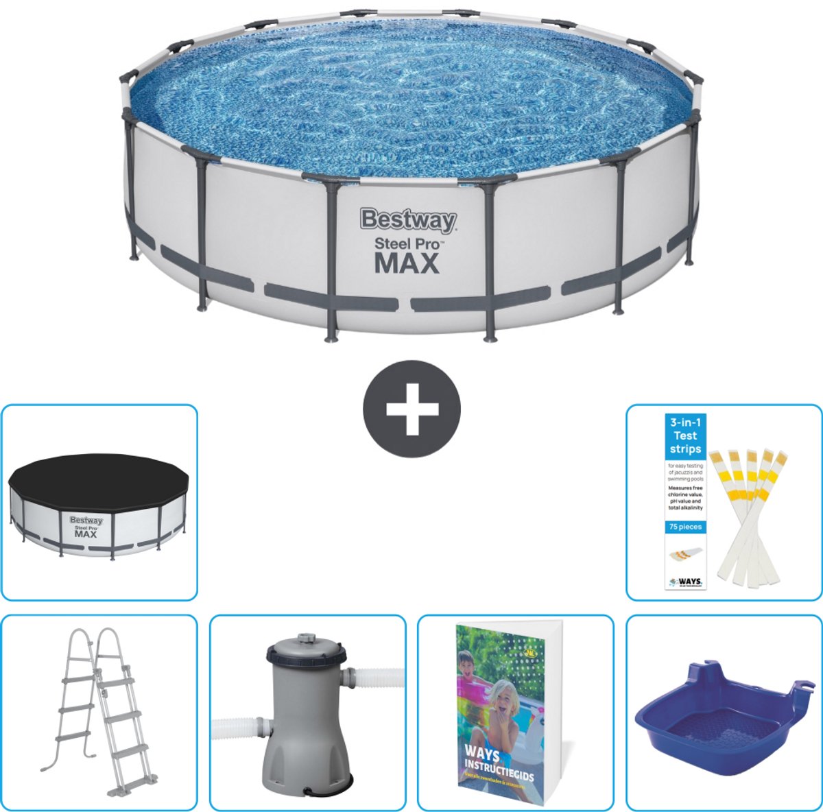 Bestway Rond Steel Pro MAX Zwembad - 427 x 107 cm - Grijs - Inclusief Pomp - Ladder - Afdekzeil - Voetenbad - 7-delig