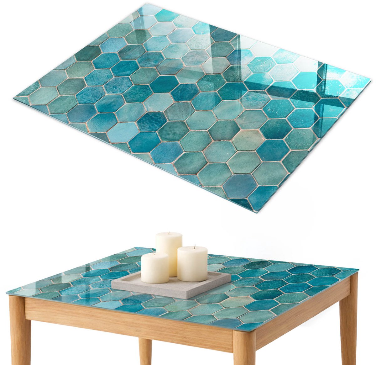 ArtPrintCave Turkooizen tegels Glazen Tafelblad 100x70 cm - Tafelblad Rechthoek - Turkoois Keukentafel - Achtergronden en patronen Keukentafel