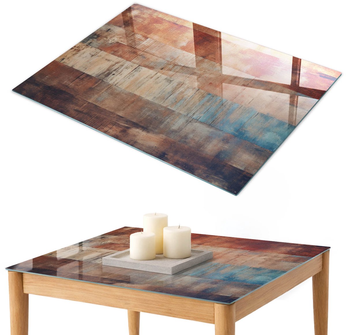 ArtPrintCave Retro boards Glazen Tafelblad 100x70 cm - Tafelblad Rechthoek - Bruin Keukentafel - Texturen Glasplaat