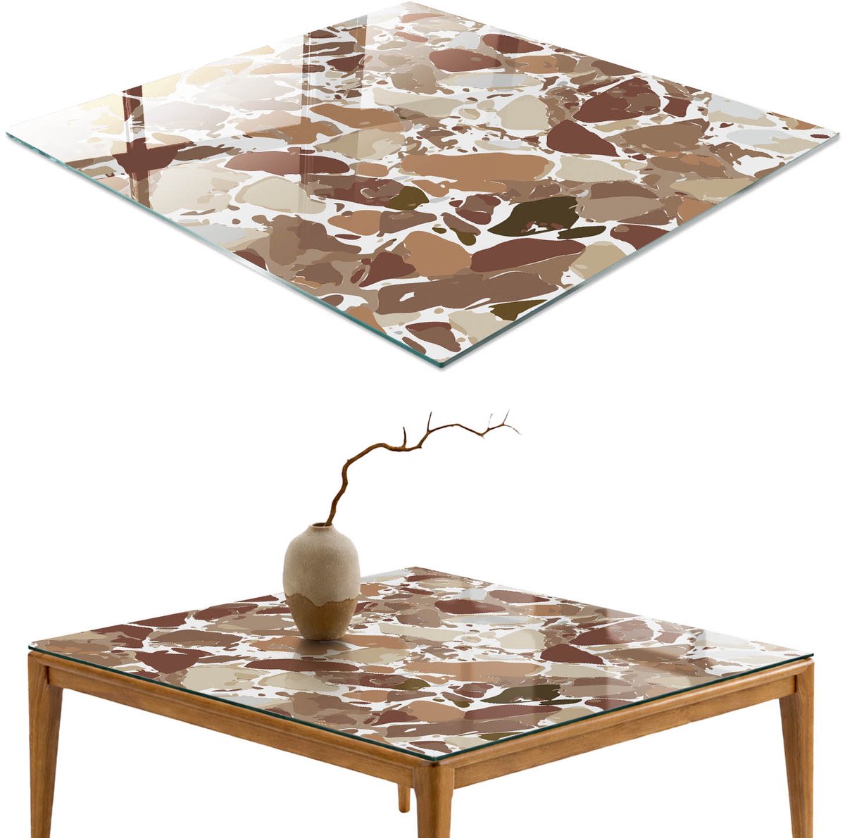 ArtPrintCave Mozaïekpatroon Glazen Tafelblad 60x60 cm - Tafelblad Rechthoek - Bruin Eettafel Met Glasplaat - Teksten Glasplaat