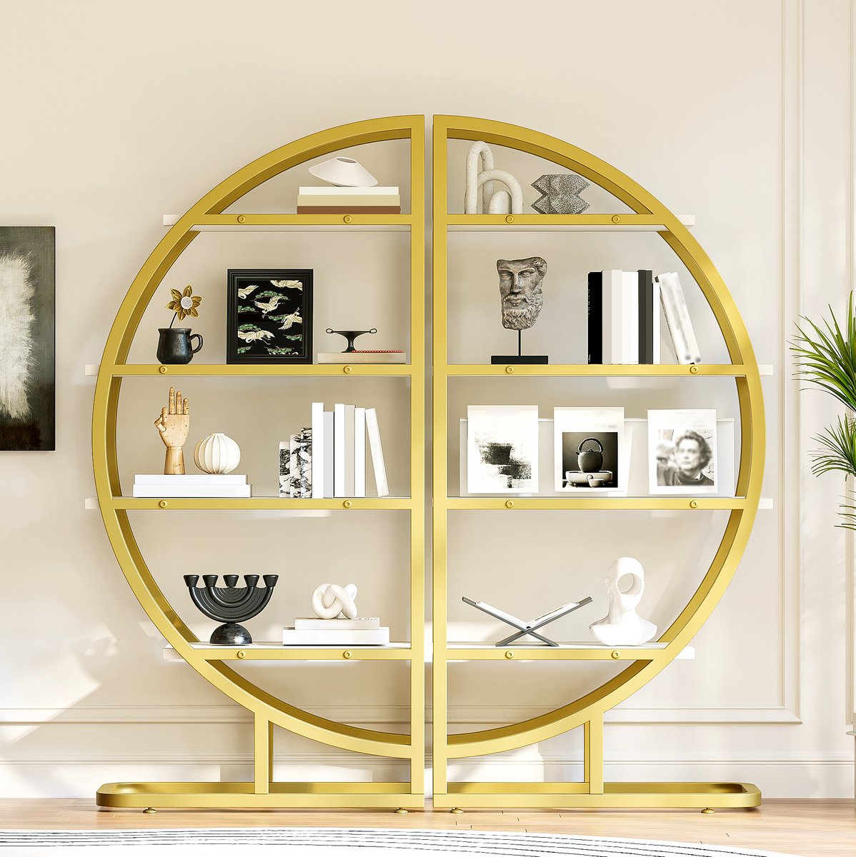 Boekenkast – 2-delig Rondboogontwerp – 120 x 30 x 130 cm – MDF en Metaal – Goud Wit – Open Opbergkast