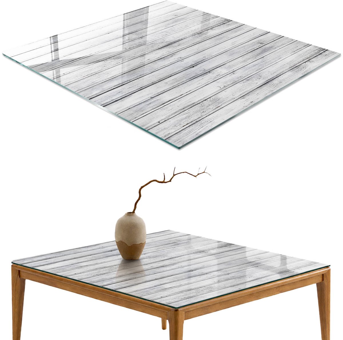 ArtPrintCave Houtstructuur Glazen Tafelblad 60x60 cm - Tafelblad Rechthoek - Wit Glasplaat - Texturen Keukentafel