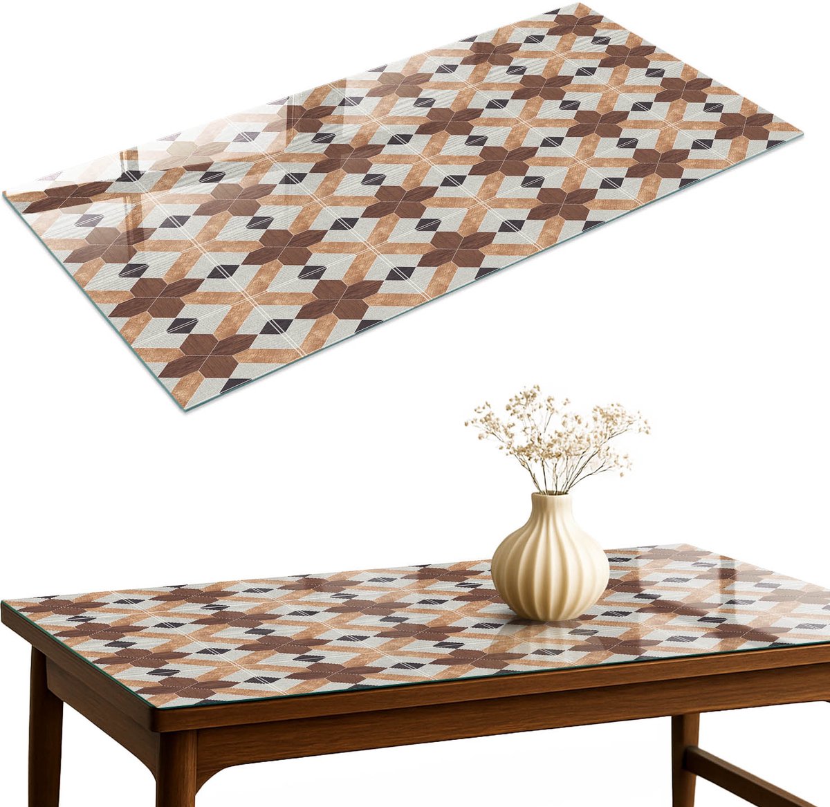 ArtPrintCave Geometrisch patroon Glazen Tafelblad 140x70 cm - Tafelblad Rechthoek - Bruin Glazen Eettafel - Achtergronden en patronen Terrastafel