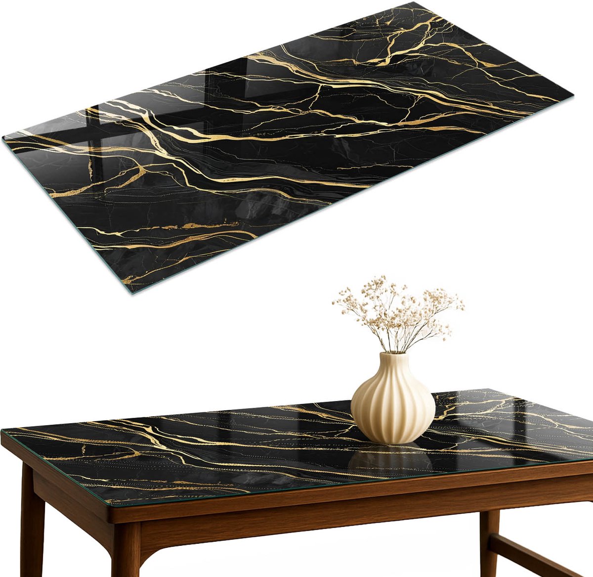 ArtPrintCave Elegante structuur Glazen Tafelblad 120x60 cm - Tafelblad Rechthoek - Zwart Keukentafel - Abstractie Eettafel Met Glasplaat