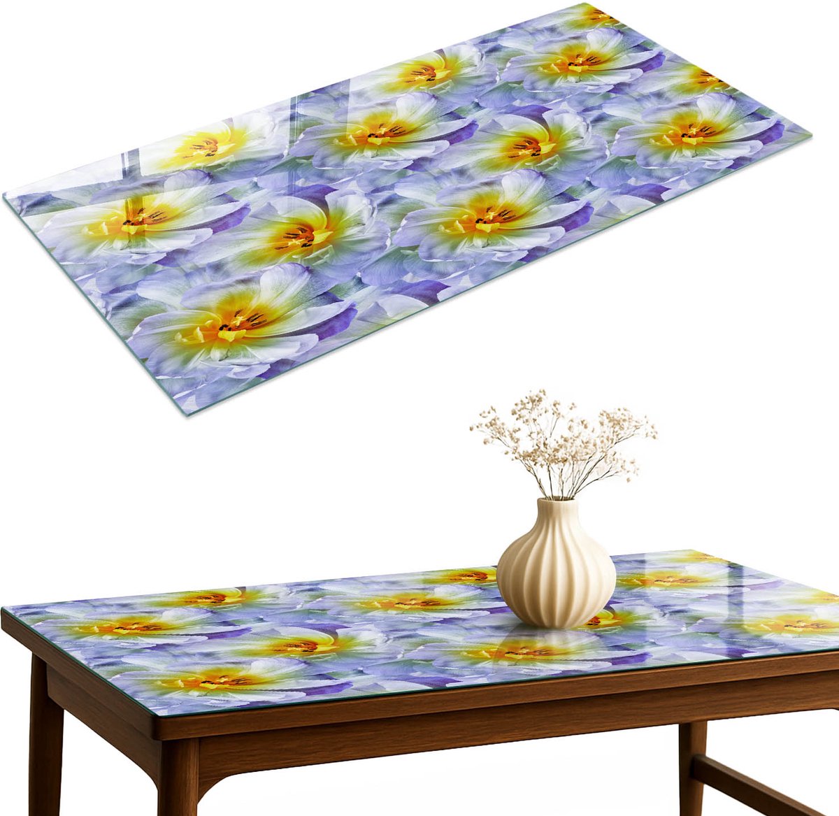 ArtPrintCave Bloemenpatroon Glazen Tafelblad 120x60 cm - Tafelblad Rechthoek - Paars Keukentafel - Bloemen en planten Glasplaat