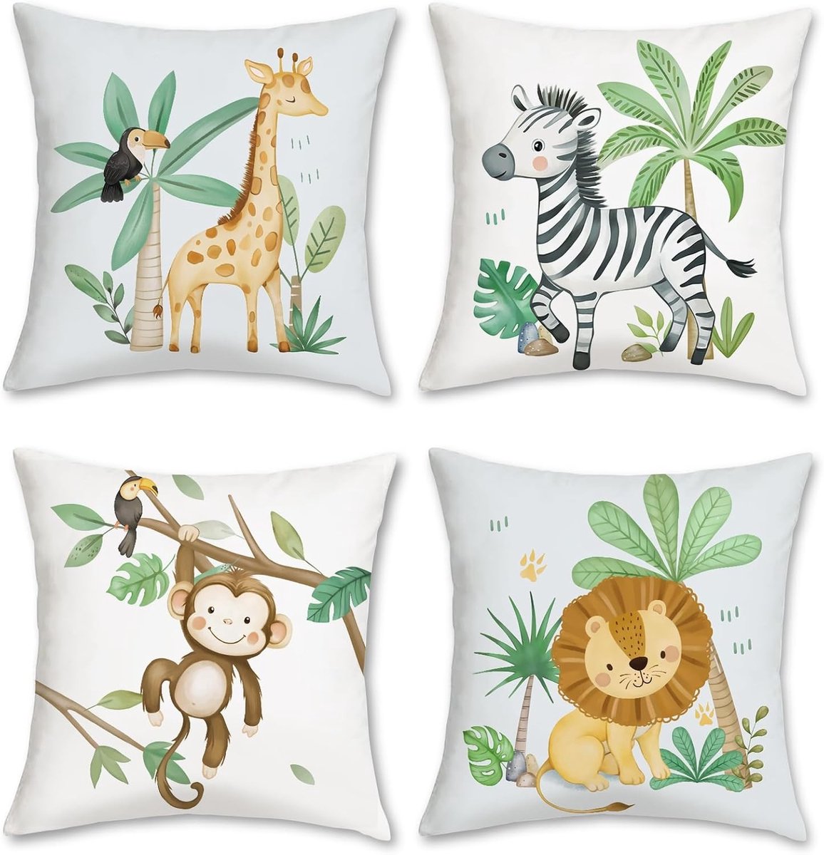 Set van 4 Decoratieve Kussenhoezen met Dierenmotief 45 x 45 cm voor Bank en Kinderkamer, Giraffe, Zebra, Aap en Leeuw met Groene Bladeren