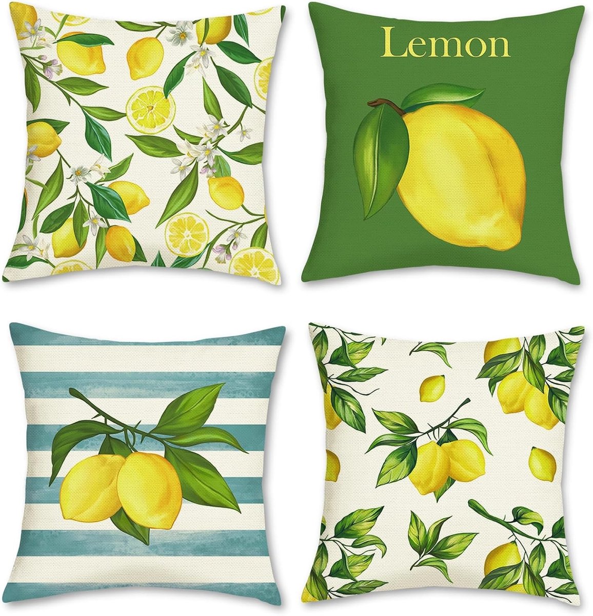 Set van 4 Decoratieve Kussenslopen met Citroenen en Groene Bladeren voor Bank en Bed, 50 x 50 cm, Polyester en Linnen