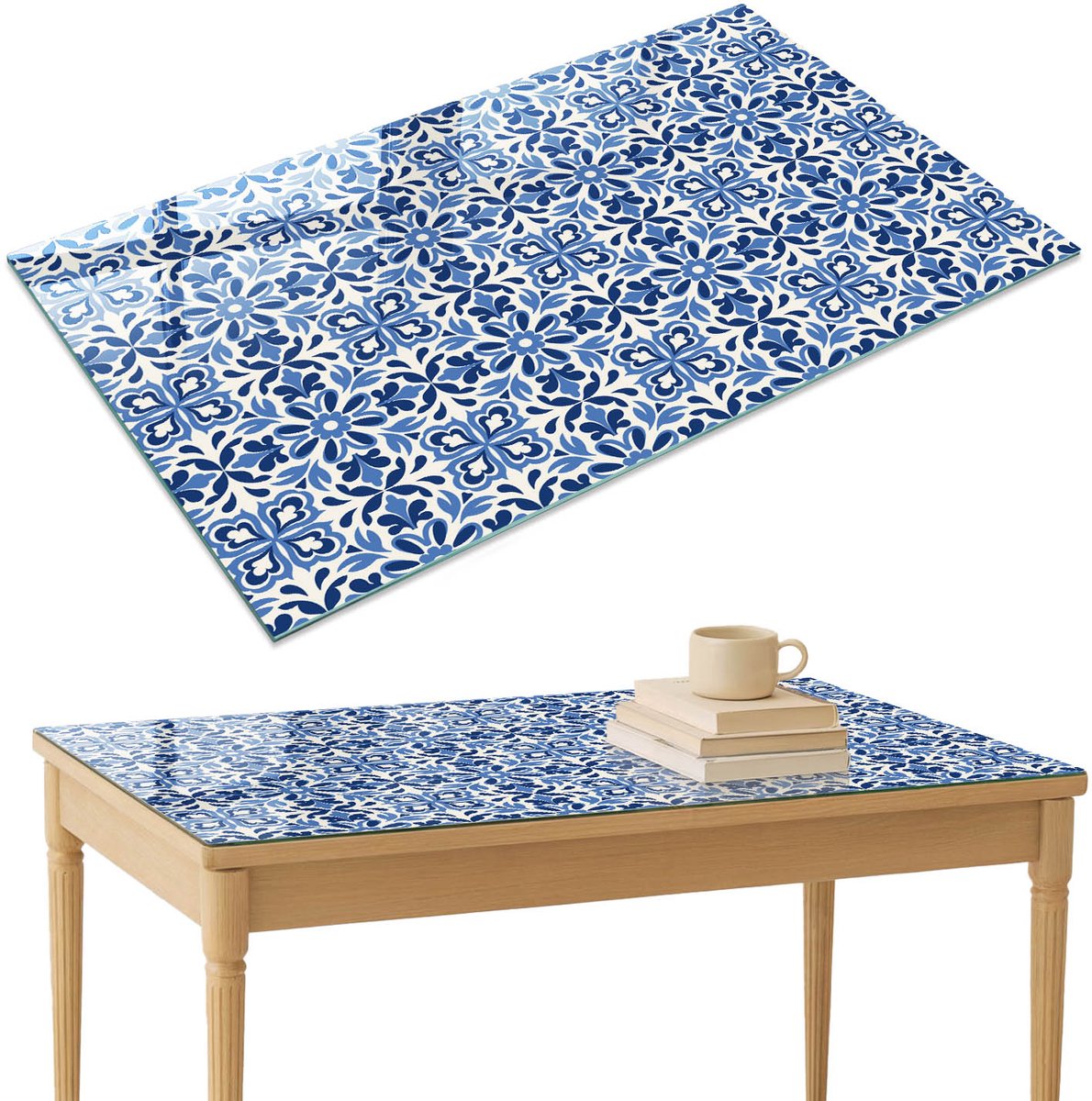 ArtPrintCave Bloemenmozaïek Glazen Tafelblad 120x80 cm - Tafelblad Rechthoek - Blauw Terrastafel - Teksten Keukentafel